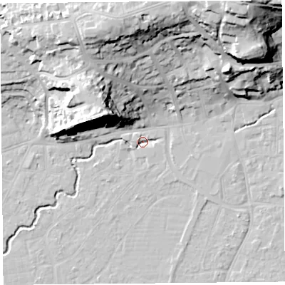 Shaded relief map of the ground around BS216NJ, computed from Environment Agency LiDAR. The ground here sits at about 5 m above sea level and falls 40 m across the surrounding 800 m. Surface water reaching this point runs off ground lying to the north-east, 3.3 m higher.