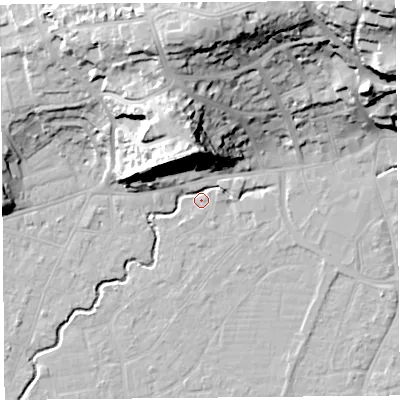 Shaded relief map of the ground around BS216NL, computed from Environment Agency LiDAR. The ground here sits at about 6 m above sea level and falls 38 m across the surrounding 800 m. Surface water reaching this point runs off ground lying to the north-north-east, 29.0 m higher.