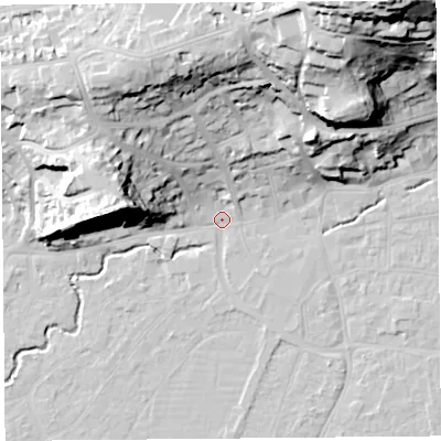 Shaded relief map of the ground around BS216NN, computed from Environment Agency LiDAR. The ground here sits at about 6 m above sea level and falls 55 m across the surrounding 800 m. Surface water reaching this point runs off ground lying to the north, 31.3 m higher.