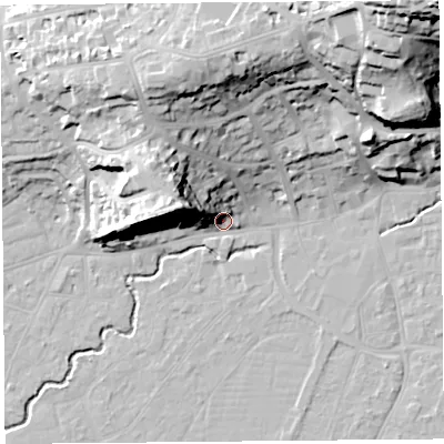 Shaded relief map of the ground around BS216NP, computed from Environment Agency LiDAR. The ground here sits at about 7 m above sea level and falls 55 m across the surrounding 800 m. Surface water reaching this point runs off ground lying to the north-north-east, 31.3 m higher.