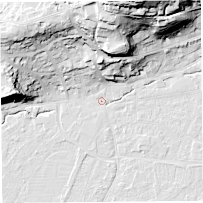 Shaded relief map of the ground around BS216NQ, computed from Environment Agency LiDAR. The ground here sits at about 6 m above sea level and falls 53 m across the surrounding 800 m. Surface water reaching this point runs off ground lying to the north-north-east, 49.4 m higher.