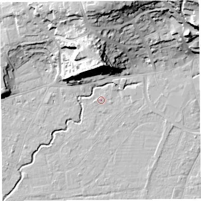 Shaded relief map of the ground around BS216NR, computed from Environment Agency LiDAR. The ground here sits at about 6 m above sea level and falls 33 m across the surrounding 800 m. Surface water reaching this point runs off ground lying to the west-south-west, 0.5 m higher.