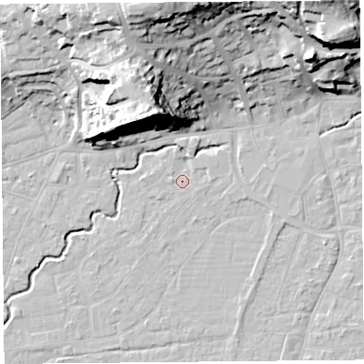 Shaded relief map of the ground around BS216NS, computed from Environment Agency LiDAR. The ground here sits at about 6 m above sea level and falls 33 m across the surrounding 800 m. Surface water reaching this point runs off ground lying to the west-north-west, 1.2 m higher.