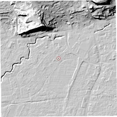 Shaded relief map of the ground around BS216NT, computed from Environment Agency LiDAR. The ground here sits at about 6 m above sea level and falls 28 m across the surrounding 800 m. Surface water reaching this point runs off ground lying to the north-east, 0.9 m higher.