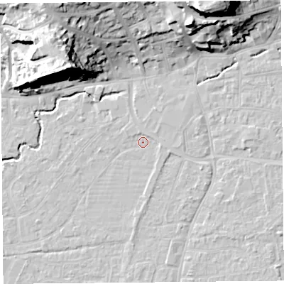 Shaded relief map of the ground around BS216NU, computed from Environment Agency LiDAR. The ground here sits at about 6 m above sea level and falls 29 m across the surrounding 800 m. Surface water reaching this point runs off ground lying to the north-north-west, 0.9 m higher.