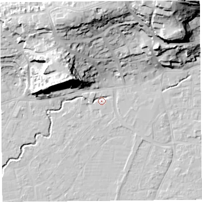 Shaded relief map of the ground around BS216NW, computed from Environment Agency LiDAR. The ground here sits at about 5 m above sea level and falls 41 m across the surrounding 800 m. Surface water reaching this point runs off ground lying to the north-east, 3.3 m higher.