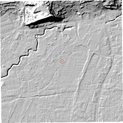 Shaded relief map of the ground around BS216NX, computed from Environment Agency LiDAR. The ground here sits at about 6 m above sea level and falls 28 m across the surrounding 800 m. Surface water reaching this point runs off ground lying to the north, 0.8 m higher.