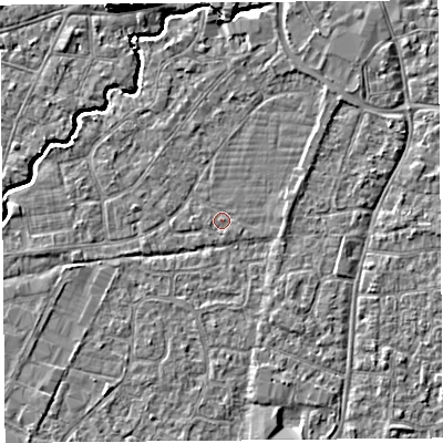 Shaded relief map of the ground around BS216NY, computed from Environment Agency LiDAR. The ground here sits at about 6 m above sea level and falls 6 m across the surrounding 800 m. The ground contributing surface water to this point lies to the west-south-west.