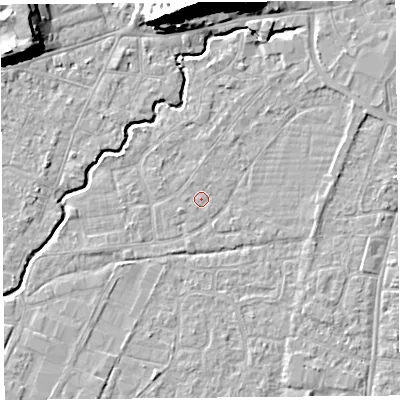 Shaded relief map of the ground around BS216NZ, computed from Environment Agency LiDAR. The ground here sits at about 6 m above sea level and falls 28 m across the surrounding 800 m. Surface water reaching this point runs off ground lying to the north-north-east, 1.2 m higher.