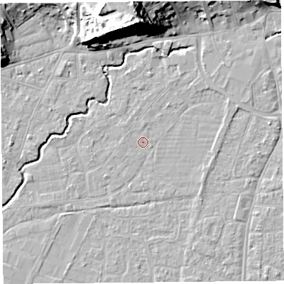 Shaded relief map of the ground around BS216PA, computed from Environment Agency LiDAR. The ground here sits at about 6 m above sea level and falls 28 m across the surrounding 800 m. Surface water reaching this point runs off ground lying to the north, 0.6 m higher.