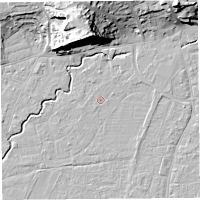 Shaded relief map of the ground around BS216PB, computed from Environment Agency LiDAR. The ground here sits at about 6 m above sea level and falls 28 m across the surrounding 800 m. Surface water reaching this point runs off ground lying to the south-west, 0.6 m higher.
