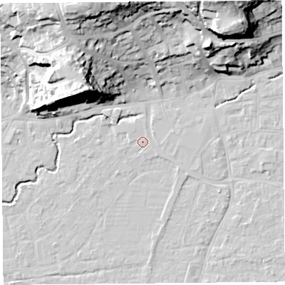 Shaded relief map of the ground around BS216PD, computed from Environment Agency LiDAR. The ground here sits at about 6 m above sea level and falls 33 m across the surrounding 800 m. Surface water reaching this point runs off ground lying to the west, 0.6 m higher.