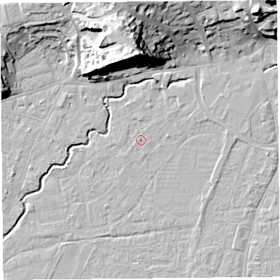Shaded relief map of the ground around BS216PE, computed from Environment Agency LiDAR. The ground here sits at about 6 m above sea level and falls 28 m across the surrounding 800 m. Surface water reaching this point runs off ground lying to the north-north-east, 1.2 m higher.