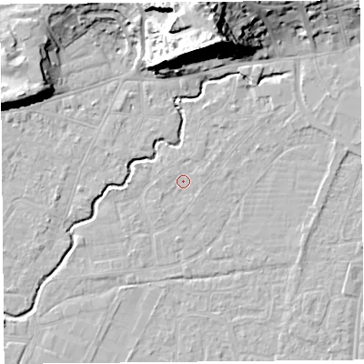 Shaded relief map of the ground around BS216PF, computed from Environment Agency LiDAR. The ground here sits at about 6 m above sea level and falls 28 m across the surrounding 800 m. Surface water reaching this point runs off ground lying to the north-east, 1.2 m higher.
