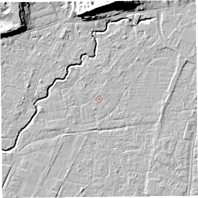 Shaded relief map of the ground around BS216PG, computed from Environment Agency LiDAR. The ground here sits at about 6 m above sea level and falls 28 m across the surrounding 800 m. The ground contributing surface water to this point lies to the north-north-east.