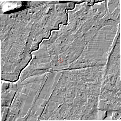 Shaded relief map of the ground around BS216PH, computed from Environment Agency LiDAR. The ground here sits at about 6 m above sea level and falls 12 m across the surrounding 800 m. Surface water reaching this point runs off ground lying to the north-north-east, 1.2 m higher.