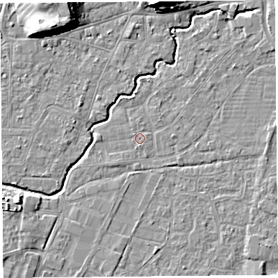 Shaded relief map of the ground around BS216PJ, computed from Environment Agency LiDAR. The ground here sits at about 6 m above sea level and falls 16 m across the surrounding 800 m. Surface water reaching this point runs off ground lying to the west, 0.9 m higher.