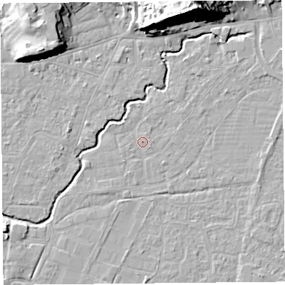 Shaded relief map of the ground around BS216PL, computed from Environment Agency LiDAR. The ground here sits at about 6 m above sea level and falls 28 m across the surrounding 800 m. Surface water reaching this point runs off ground lying to the west-south-west, 0.9 m higher.