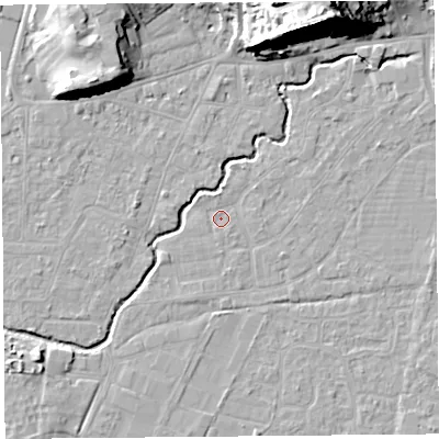 Shaded relief map of the ground around BS216PN, computed from Environment Agency LiDAR. The ground here sits at about 6 m above sea level and falls 28 m across the surrounding 800 m. Surface water reaching this point runs off ground lying to the north-west, 0.7 m higher.