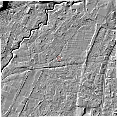 Shaded relief map of the ground around BS216PP, computed from Environment Agency LiDAR. The ground here sits at about 6 m above sea level and falls 11 m across the surrounding 800 m. Surface water reaching this point runs off ground lying to the north-east, 1.4 m higher.