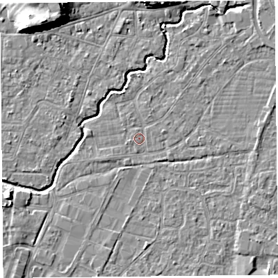Shaded relief map of the ground around BS216PQ, computed from Environment Agency LiDAR. The ground here sits at about 6 m above sea level and falls 12 m across the surrounding 800 m. Surface water reaching this point runs off ground lying to the north-north-east, 1.2 m higher.