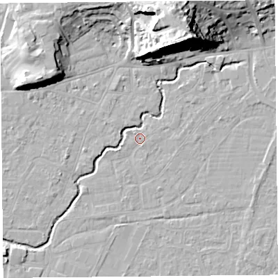 Shaded relief map of the ground around BS216PR, computed from Environment Agency LiDAR. The ground here sits at about 6 m above sea level and falls 28 m across the surrounding 800 m. The ground contributing surface water to this point lies to the east-north-east.