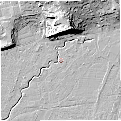 Shaded relief map of the ground around BS216PS, computed from Environment Agency LiDAR. The ground here sits at about 6 m above sea level and falls 28 m across the surrounding 800 m. Surface water reaching this point runs off ground lying to the north-north-east, 28.4 m higher.