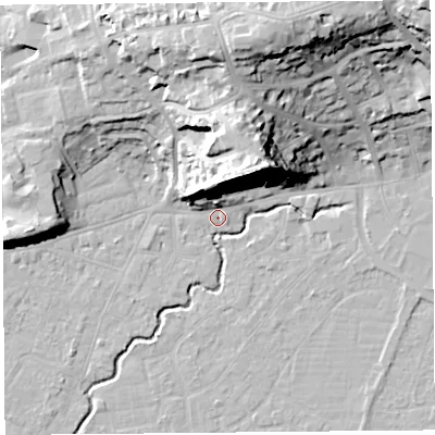 Shaded relief map of the ground around BS216PT, computed from Environment Agency LiDAR. The ground here sits at about 6 m above sea level and falls 34 m across the surrounding 800 m. Surface water reaching this point runs off ground lying to the north, 23.6 m higher.