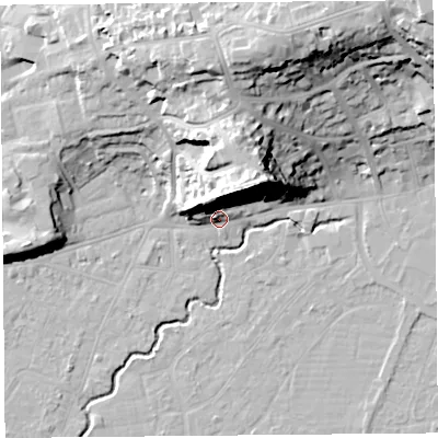 Shaded relief map of the ground around BS216PU, computed from Environment Agency LiDAR. The ground here sits at about 8 m above sea level and falls 34 m across the surrounding 800 m. Surface water reaching this point runs off ground lying to the north-north-west, 13.1 m higher.