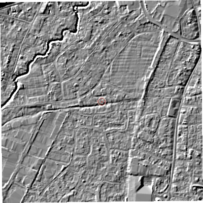 Shaded relief map of the ground around BS216PW, computed from Environment Agency LiDAR. The ground here sits at about 6 m above sea level and falls 10 m across the surrounding 800 m. Surface water reaching this point runs off ground lying to the north-north-east, 1.4 m higher.