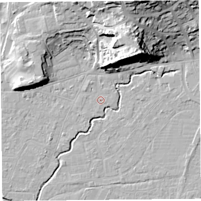 Shaded relief map of the ground around BS216PX, computed from Environment Agency LiDAR. The ground here sits at about 6 m above sea level and falls 28 m across the surrounding 800 m. Surface water reaching this point runs off ground lying to the north, 0.7 m higher.