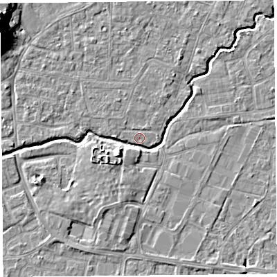 Shaded relief map of the ground around BS216PY, computed from Environment Agency LiDAR. The ground here sits at about 6 m above sea level and falls 15 m across the surrounding 800 m. Surface water reaching this point runs off ground lying to the south-west, 3.9 m higher.