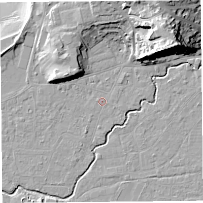 Shaded relief map of the ground around BS216QA, computed from Environment Agency LiDAR. The ground here sits at about 6 m above sea level and falls 34 m across the surrounding 800 m. Surface water reaching this point runs off ground lying to the north-east, 27.2 m higher.
