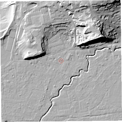 Shaded relief map of the ground around BS216QB, computed from Environment Agency LiDAR. The ground here sits at about 6 m above sea level and falls 34 m across the surrounding 800 m. Surface water reaching this point runs off ground lying to the east-north-east, 27.2 m higher.