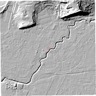Shaded relief map of the ground around BS216QD, computed from Environment Agency LiDAR. The ground here sits at about 6 m above sea level and falls 30 m across the surrounding 800 m. Surface water reaching this point runs off ground lying to the north-north-east, 24.0 m higher.