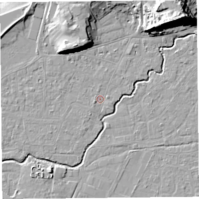 Shaded relief map of the ground around BS216QE, computed from Environment Agency LiDAR. The ground here sits at about 6 m above sea level and falls 32 m across the surrounding 800 m. Surface water reaching this point runs off ground lying to the north-east, 27.2 m higher.