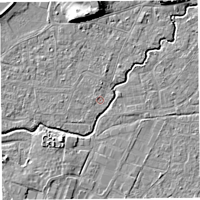 Shaded relief map of the ground around BS216QF, computed from Environment Agency LiDAR. The ground here sits at about 6 m above sea level and falls 12 m across the surrounding 800 m. Surface water reaching this point runs off ground lying to the west-north-west, 0.7 m higher.