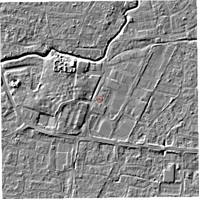 Shaded relief map of the ground around BS216QG, computed from Environment Agency LiDAR. The ground here sits at about 6 m above sea level and falls 5 m across the surrounding 800 m. Surface water reaching this point runs off ground lying to the south-west, 1.6 m higher.