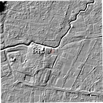 Shaded relief map of the ground around BS216QH, computed from Environment Agency LiDAR. The ground here sits at about 6 m above sea level and falls 11 m across the surrounding 800 m. Surface water reaching this point runs off ground lying to the west, 2.5 m higher.