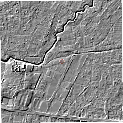 Shaded relief map of the ground around BS216QJ, computed from Environment Agency LiDAR. The ground here sits at about 6 m above sea level and falls 5 m across the surrounding 800 m. The ground contributing surface water to this point lies to the east.