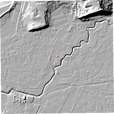 Shaded relief map of the ground around BS216QL, computed from Environment Agency LiDAR. The ground here sits at about 6 m above sea level and falls 31 m across the surrounding 800 m. Surface water reaching this point runs off ground lying to the north-east, 27.2 m higher.