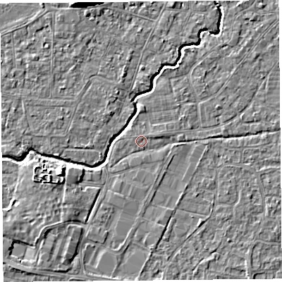 Shaded relief map of the ground around BS216QN, computed from Environment Agency LiDAR. The ground here sits at about 6 m above sea level and falls 9 m across the surrounding 800 m. The ground contributing surface water to this point lies to the north-east.
