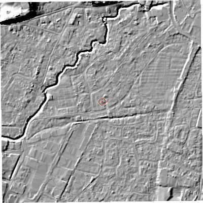 Shaded relief map of the ground around BS216QP, computed from Environment Agency LiDAR. The ground here sits at about 6 m above sea level and falls 12 m across the surrounding 800 m. Surface water reaching this point runs off ground lying to the north-north-east, 1.2 m higher.