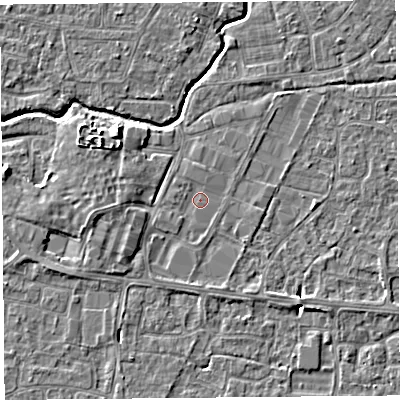 Shaded relief map of the ground around BS216QQ, computed from Environment Agency LiDAR. The ground here sits at about 6 m above sea level and falls 5 m across the surrounding 800 m. Surface water reaching this point runs off ground lying to the west-south-west, 1.6 m higher.