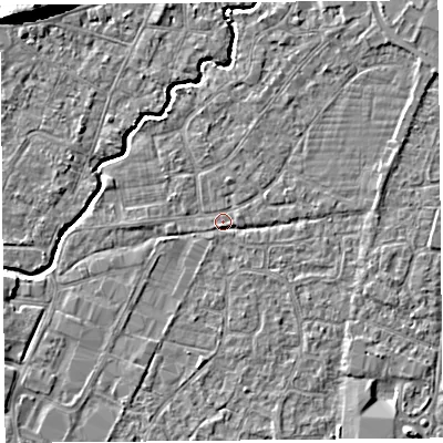Shaded relief map of the ground around BS216QR, computed from Environment Agency LiDAR. The ground here sits at about 6 m above sea level and falls 12 m across the surrounding 800 m. Surface water reaching this point runs off ground lying to the north-east, 1.4 m higher.