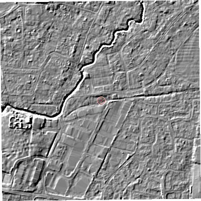 Shaded relief map of the ground around BS216QS, computed from Environment Agency LiDAR. The ground here sits at about 6 m above sea level and falls 5 m across the surrounding 800 m. Surface water reaching this point runs off ground lying to the north, 0.9 m higher.