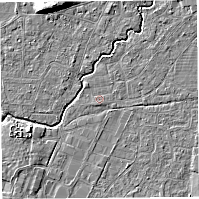 Shaded relief map of the ground around BS216QW, computed from Environment Agency LiDAR. The ground here sits at about 6 m above sea level and falls 12 m across the surrounding 800 m. Surface water reaching this point runs off ground lying to the south-east, 0.6 m higher.