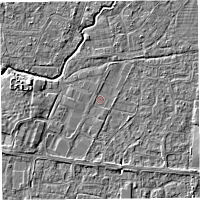 Shaded relief map of the ground around BS216RR, computed from Environment Agency LiDAR. The ground here sits at about 6 m above sea level and falls 5 m across the surrounding 800 m. Surface water reaching this point runs off ground lying to the south, 0.6 m higher.
