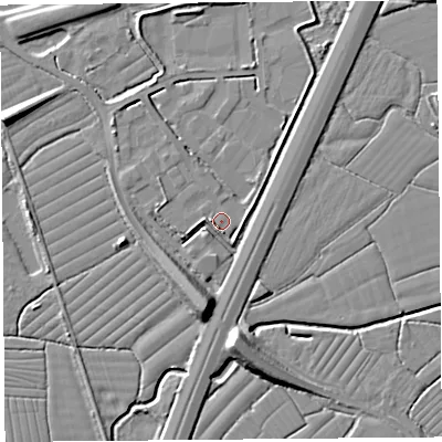 Shaded relief map of the ground around BS216RS, computed from Environment Agency LiDAR. The ground here sits at about 7 m above sea level and falls 10 m across the surrounding 800 m. Surface water reaching this point runs off ground lying to the south, 8.7 m higher.