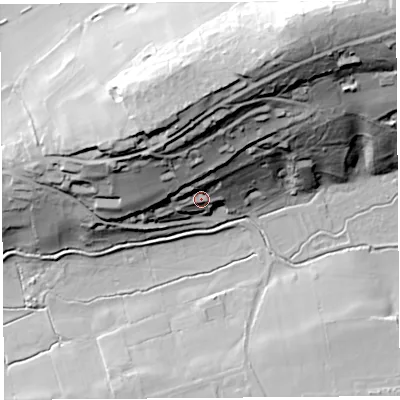 Shaded relief map of the ground around BS216SG, computed from Environment Agency LiDAR. The ground here sits at about 23 m above sea level and falls 68 m across the surrounding 800 m. Surface water reaching this point runs off ground lying to the north-north-west, 37.5 m higher.